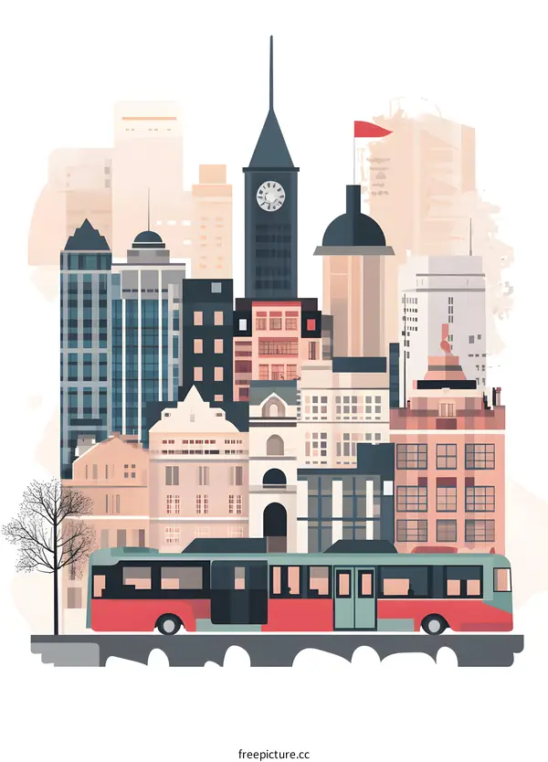 Modern City Skyline Illustration with Bus
