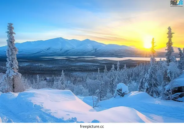 Sunset Over Snowy Mountains and Trees