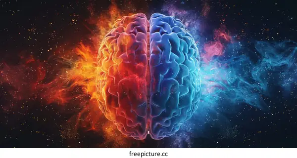 Blue and red brain halves with smoke