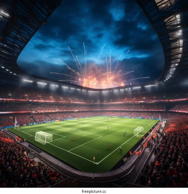 A soccer stadium with a lot of people and fireworks in the sky