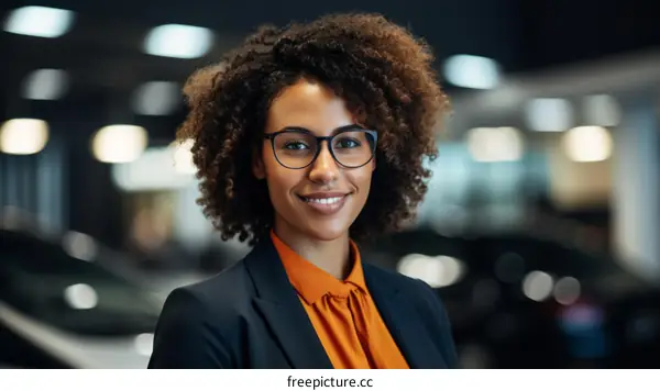 Confident young businesswoman standing in a car showroom
