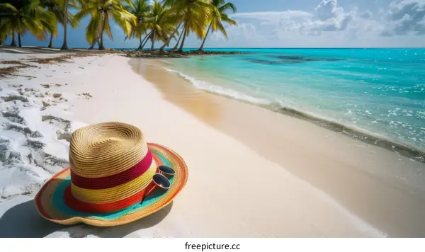 Colorful Beach Hat and Sunglasses on Tropical Beach