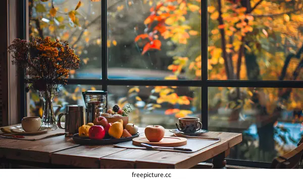 Autumn Windowsill with Fruit and Coffee Cups