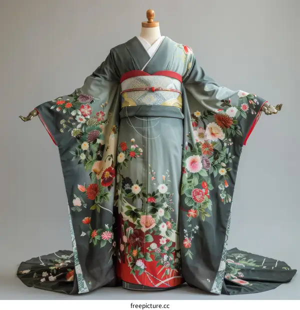 Elegant Woman Wearing Red and Pink Floral Kimono with Obi