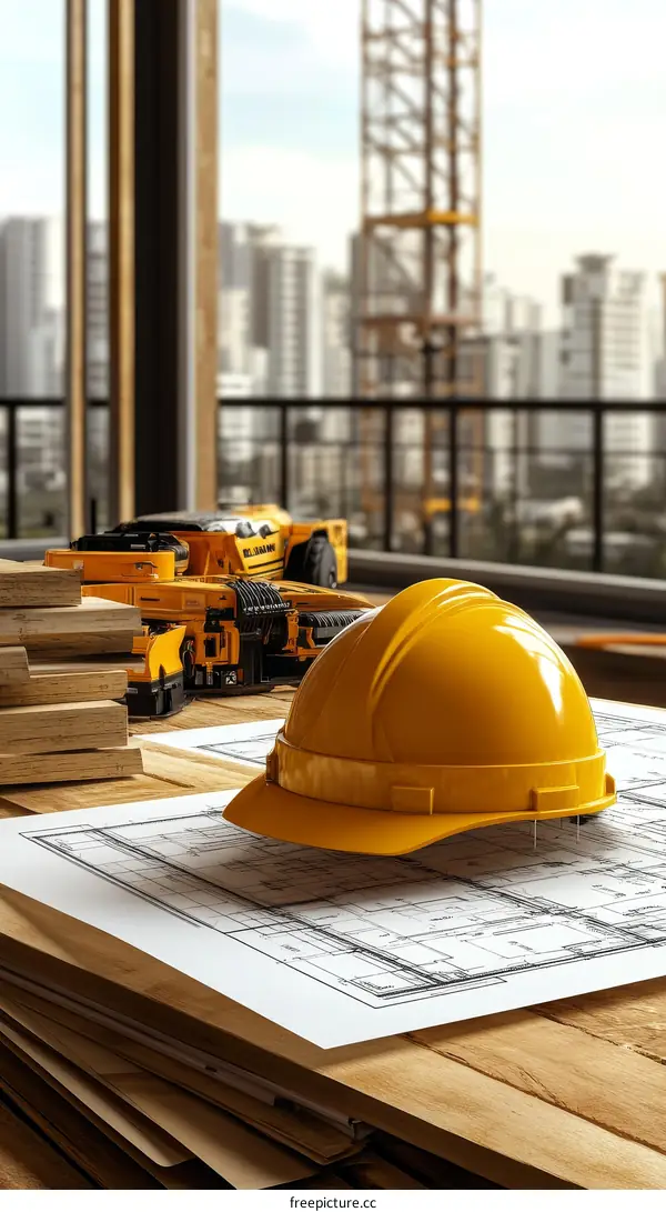 Construction Drawings and Safety Gear on Wooden Table