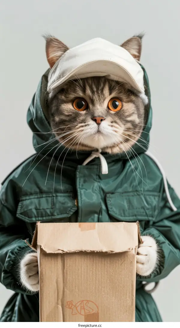 A cat wearing a hat and a jacket is holding a box.