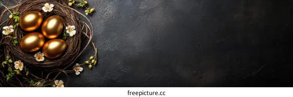 Golden Eggs in a Nest with Flowers