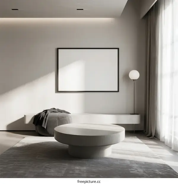 Minimalist Living Room Interior with Round Coffee Table and Artwork
