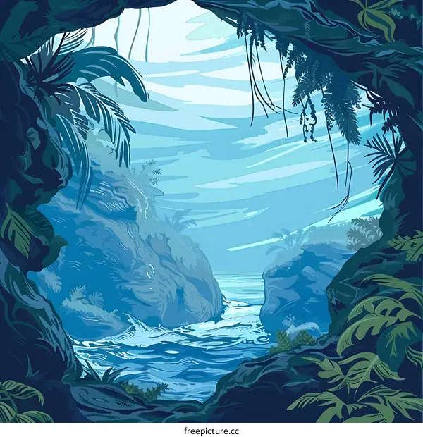 Tropical Rainforest Landscape With Blue Sky And Ocean