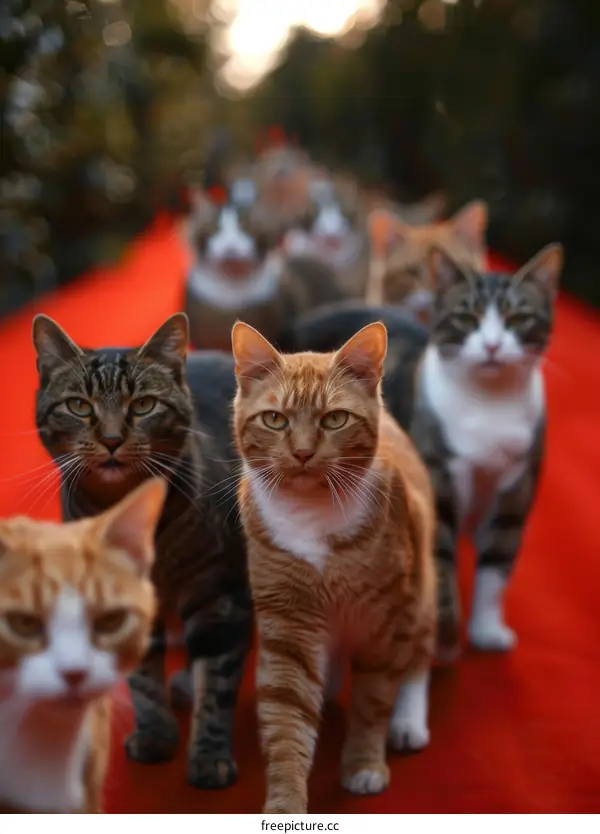 A group of cats walking on a red carpet