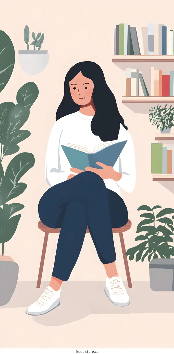 Young Woman Sitting on a Stool Reading a Book in a Cozy Home