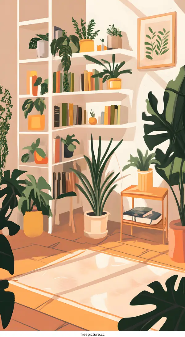 Indoor Plant Decor with Bookshelf and Rug
