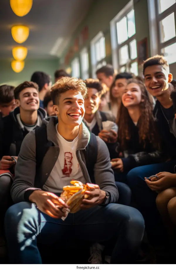 Group of happy multi-ethnic students relaxing in school hallway