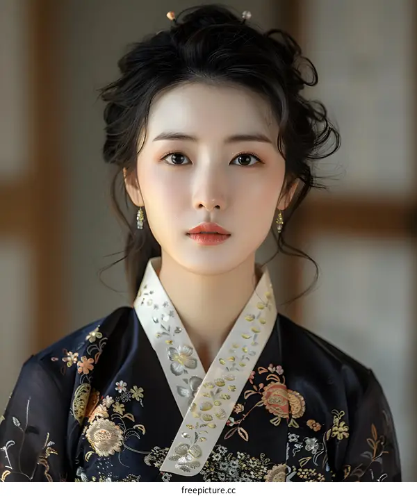 Portrait of a young Korean woman in traditional dress, wearing a hanbok