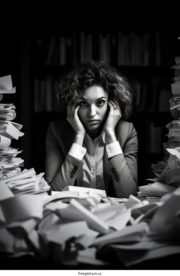 Stressed businesswoman sitting at her desk full of paperwork