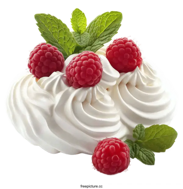 [Transparent Background PNG]Delicious Whipped Cream Dessert with Raspberries and Mint