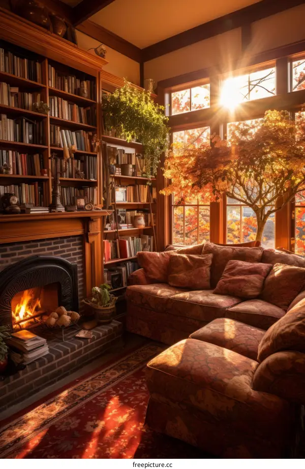 Cozy Library with Fireplace and Fall Foliage View