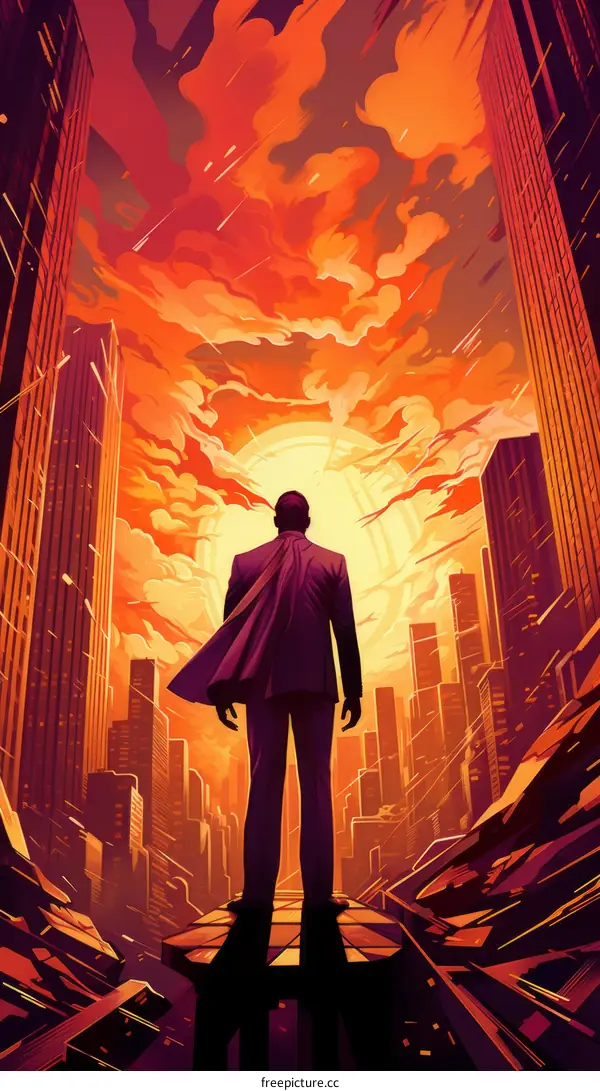 Businessman in a suit and cape standing on a rooftop overlooking a city at sunset
