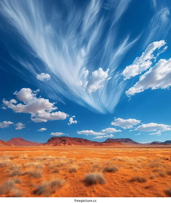 Arid Desert Landscape with Clear Blue Sky and White Clouds