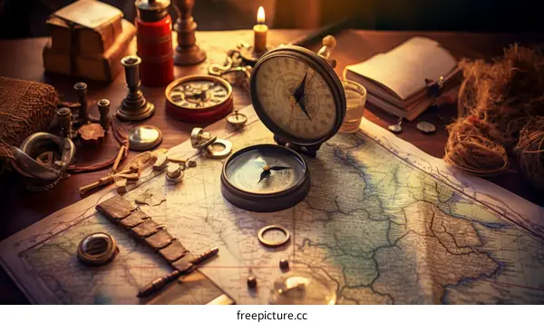 An illustration of an old map and compass on a table