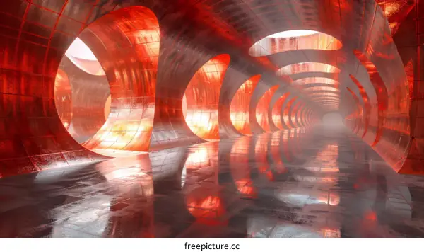 Abstract Futuristic Red Metal Tunnel Interior