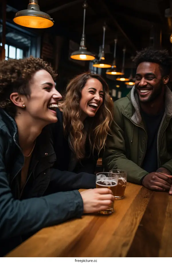 Laughing friends having drinks at a bar