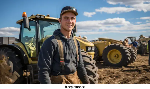 Young farmer standing in front of a tractor