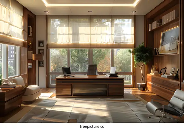 Office interior with large windows and wooden furniture
