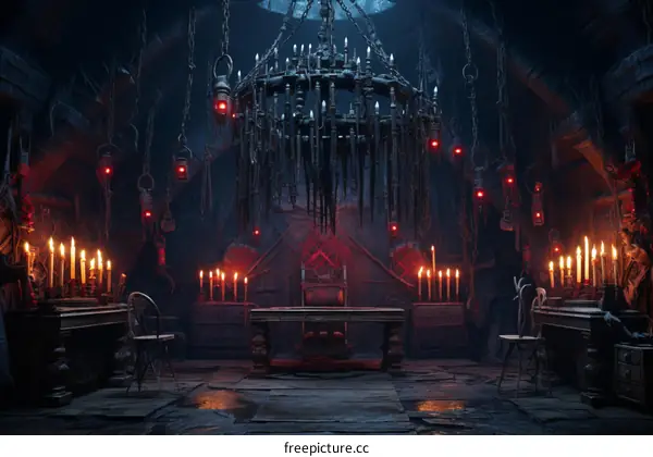 Dark throne room with candles