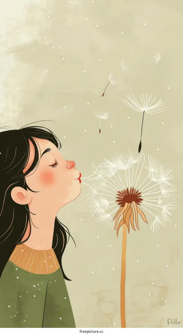 Girl Blowing Dandelion Seeds Illustration