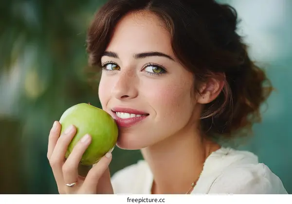 Smiling Woman Eating a Green Apple
