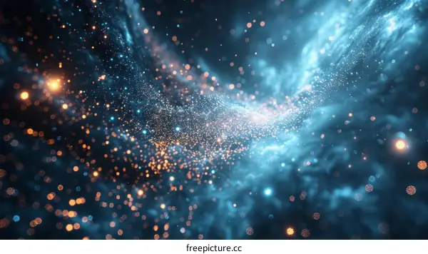 Blue and orange glowing particles in space