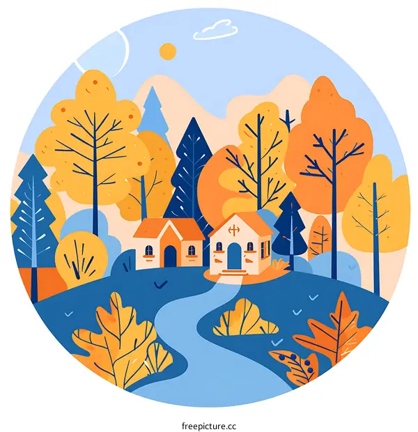 Autumn Landscape With Houses and Trees