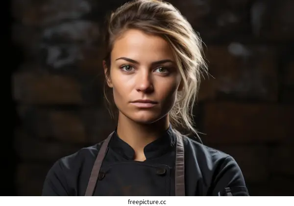 Portrait of a confident young female chef in a black uniform standing in a commercial kitchen.