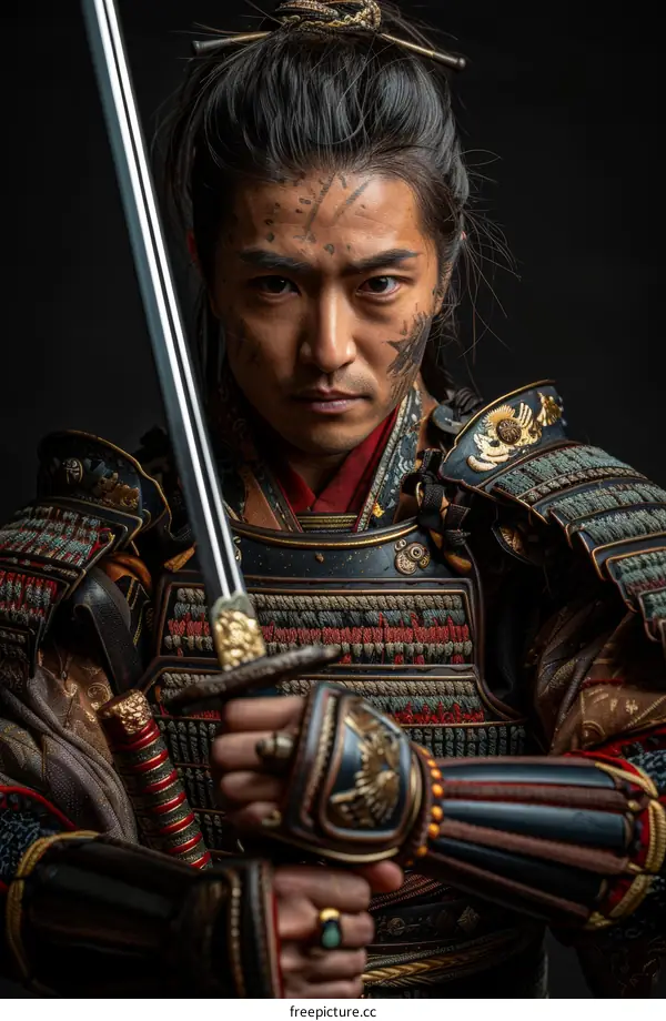 Portrait of a determined samurai holding a sword
