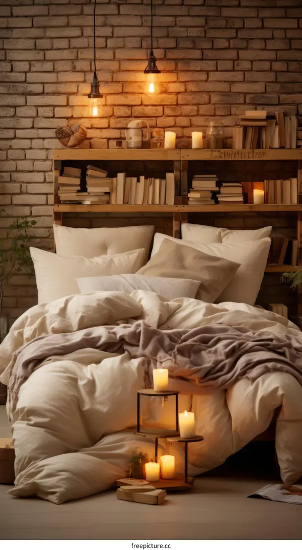 Cozy Brick Wall Bedroom with Wooden Shelves