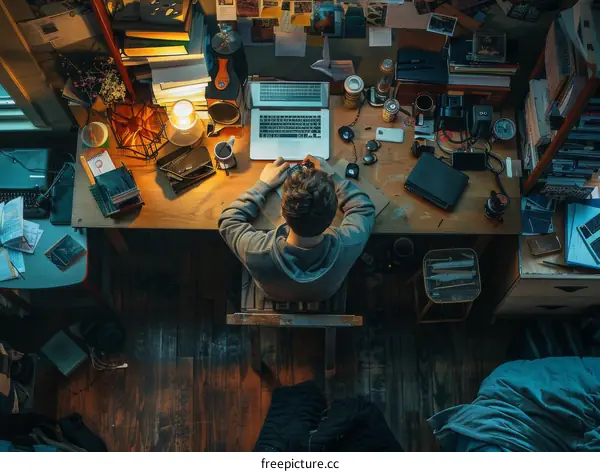 A person sitting at a desk surrounded by clutter