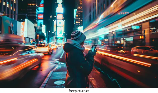 Person Using Smartphone In Busy New York City Street At Night