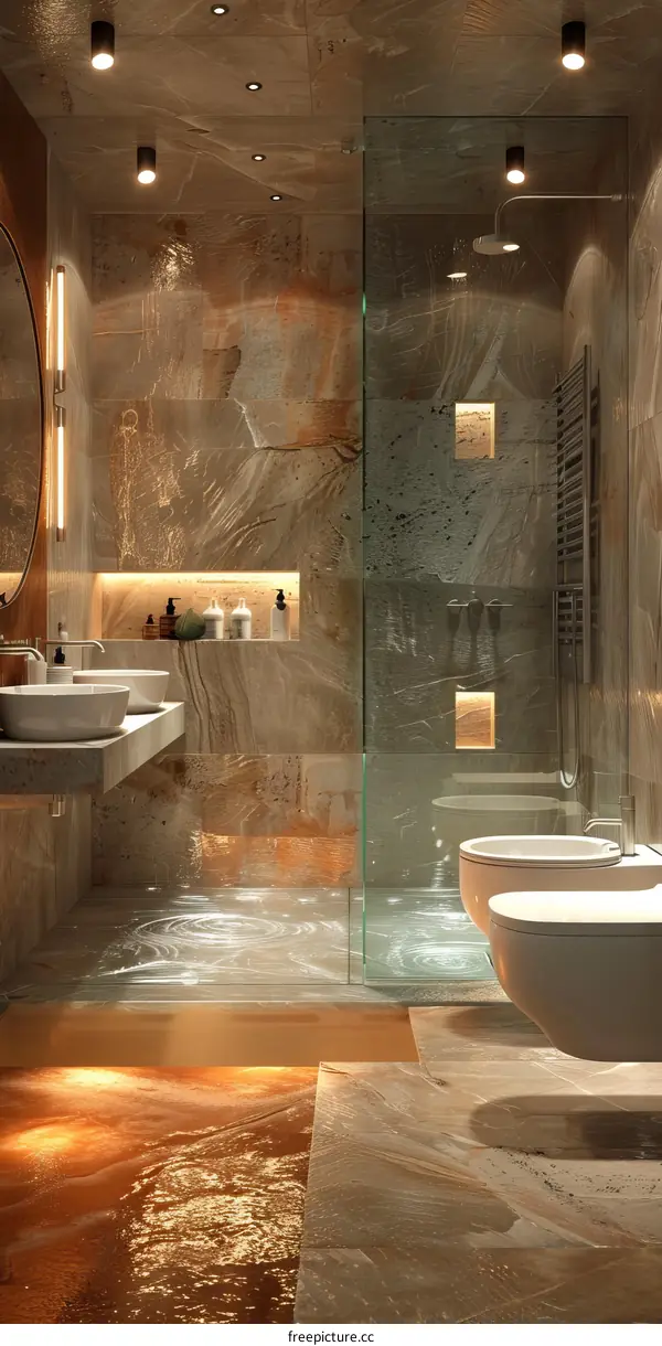 Spectacular Gold Marble Bathroom Interior with Luxurious Fixtures