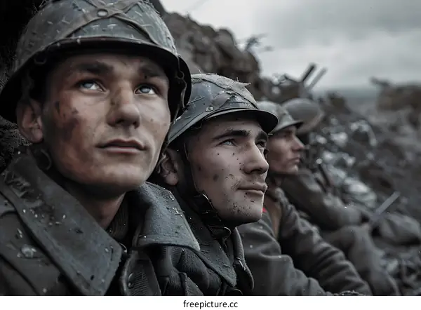 Three soldiers in a trench during World War I