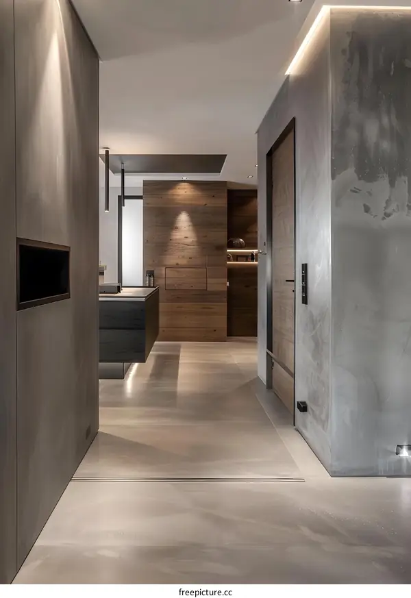 Modern Minimalist Interior Design Hallway with Wooden Panel Wall and Grey Concrete Wall