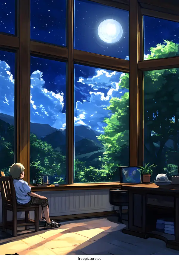 Boy Sitting by Window Looking at the Night Sky