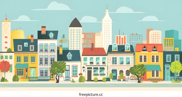 Cartoon Style Cityscape With Buildings And Trees Illustration