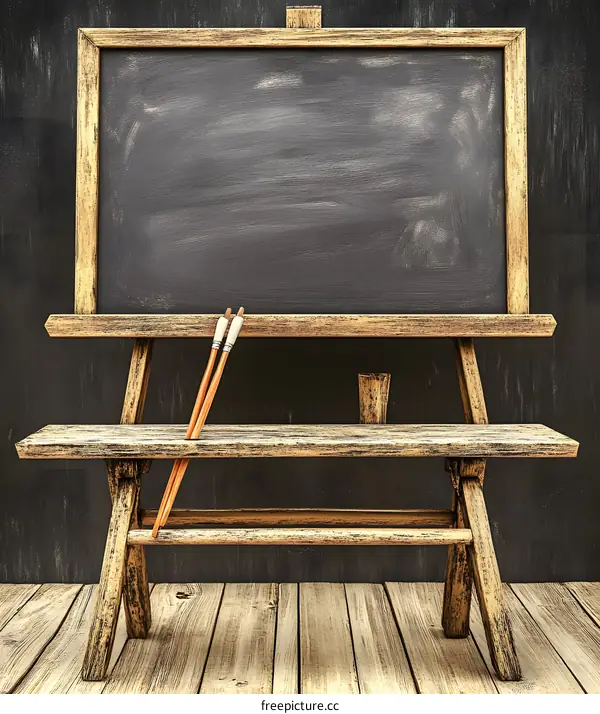 Blackboard Easel With Wooden Bench And Brushes