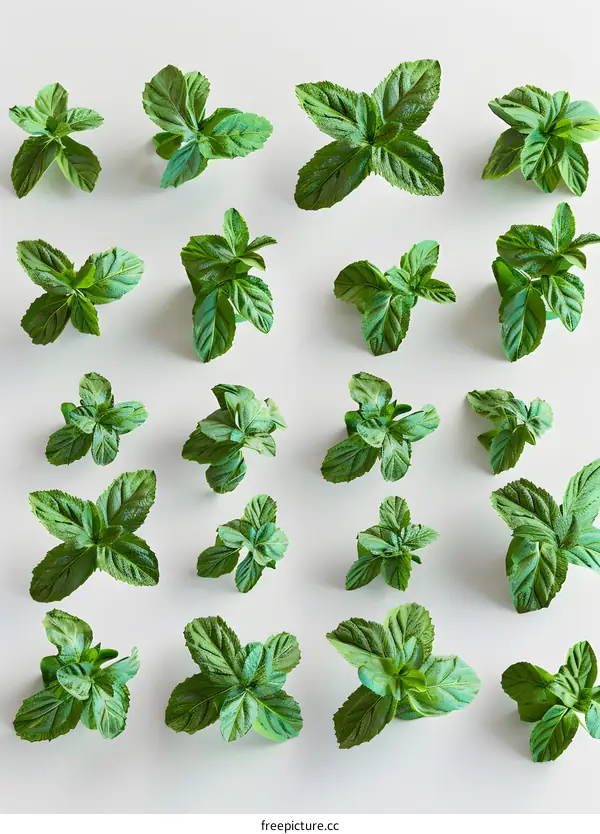 Fresh Green Mint Leaves on White Background