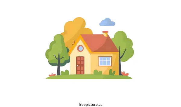 Cute Cartoon Yellow House with Green Trees Illustration