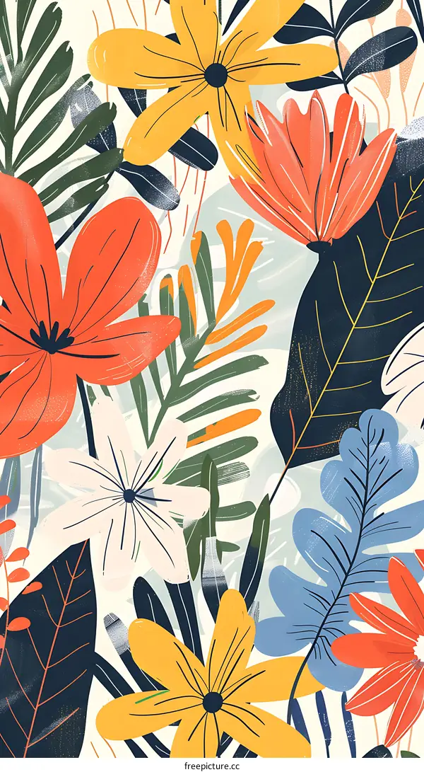 Colorful Floral Pattern with Bright Colors and Tropical Plants