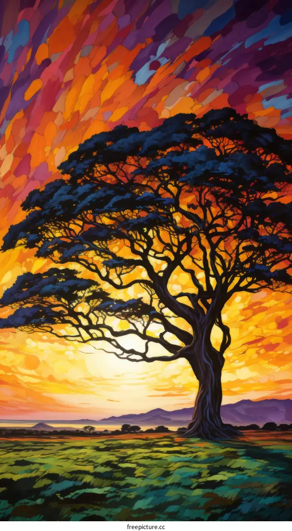 Vibrant Sunset Over Lonely Tree in Field