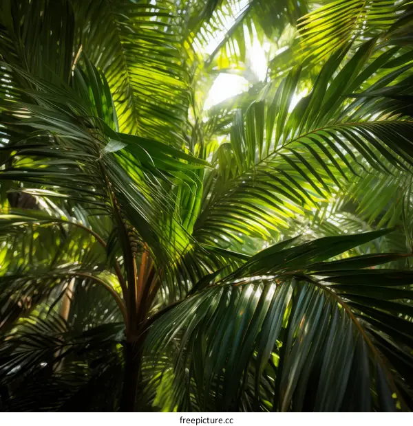Sunlight Seeping Through Lush Palm Tree Foliage