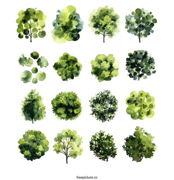 [Transparent Background PNG]Watercolor Tree Canopy Illustrations for Landscape Design